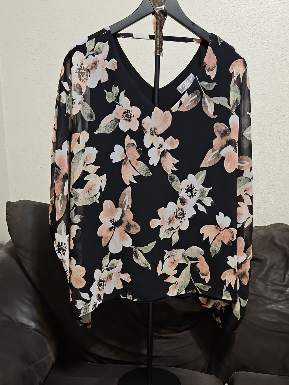 Floral V-Neck Black Blouse with Sheer Sleeves